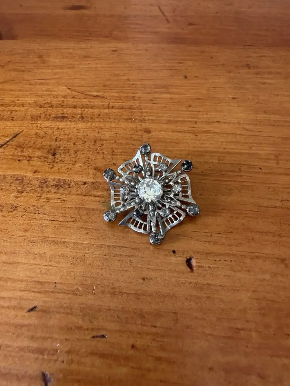 Vintage Rhinestone Snowflake Brooch Silver Tone Clear Smoky Crystal Pin
